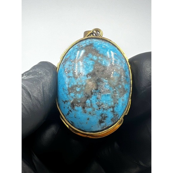 Natural Turquoise Pendant Metal Brass Handmade With Rope - Picture 1 of 11